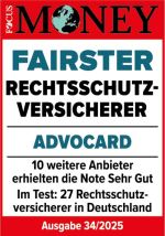 Kundenurteil: fairster Rechtsschutzversicherer 2025 – Focus Money