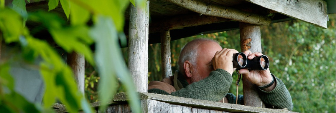 Jäger mit Fernglas auf Hochsitz