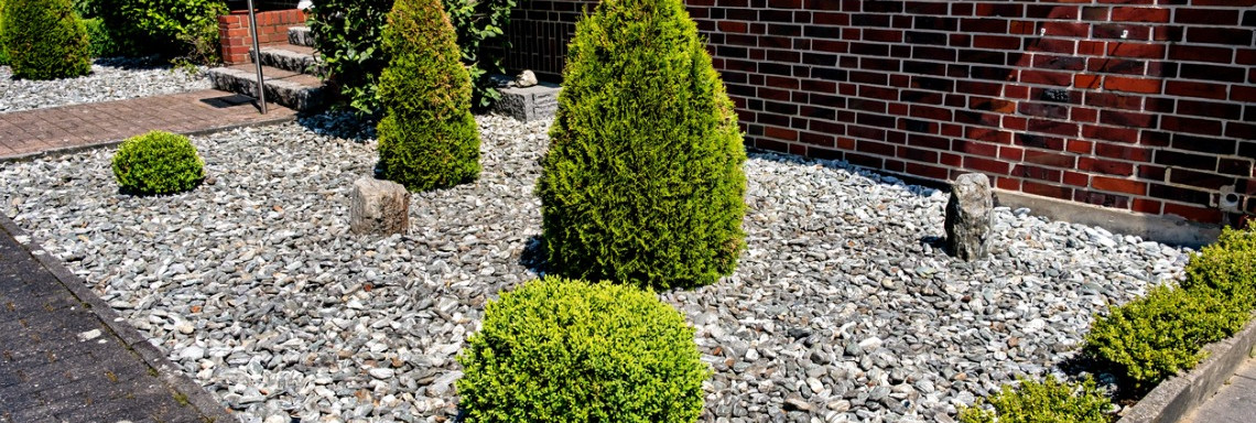 Vorgarten aus Stein, Kies und Schotter mit wenigen Buchsbäumen