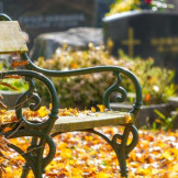 Ruhezeiten auf dem Friedhof laut Bestattungsgesetz. Eine Sitzbank zwischen Herbstlaub auf einem Friedhof.