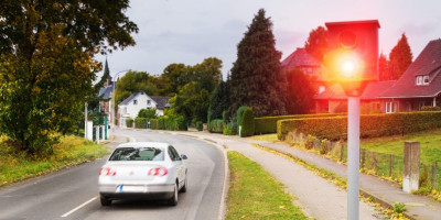 Das rote Licht einer Radarkontrolle, dahinter ein Auto auf einer Ortsstraße.