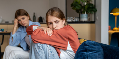 Kind und Mutter sitzen auf dem Sofa und haben einen Streit