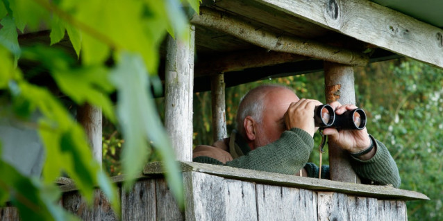 Jäger mit Fernglas auf Hochsitz