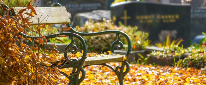 Ruhezeiten auf dem Friedhof laut Bestattungsgesetz. Eine Sitzbank zwischen Herbstlaub auf einem Friedhof.