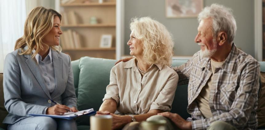 Junge Frau in Anzug sitzt mit altem Paar auf dem Sofa und schreibt auf einem Dokument