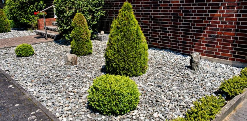 Vorgarten aus Stein, Kies und Schotter mit wenigen Buchsbäumen