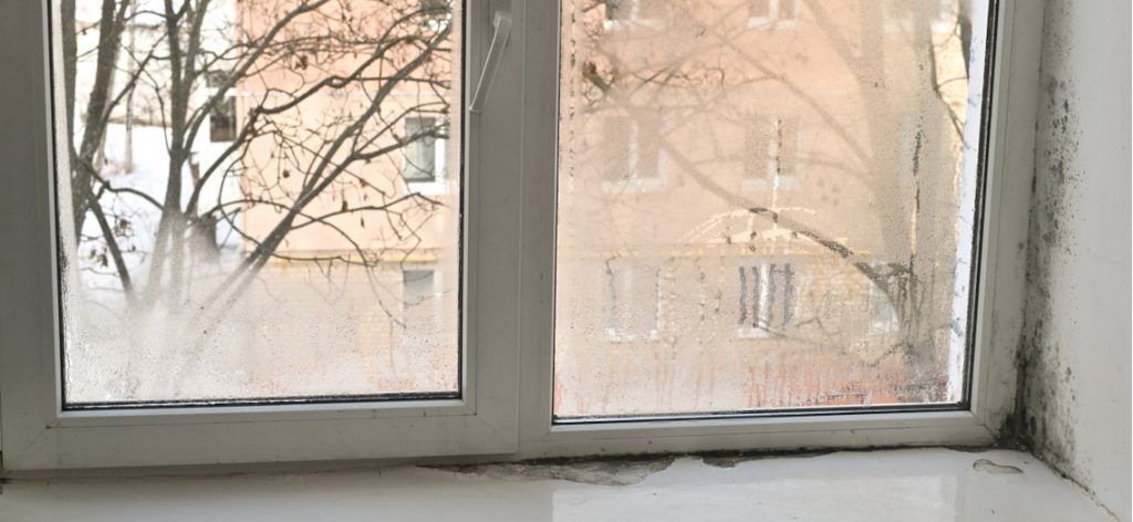 Ein beschlagenes Fenster, Wasser sammelt sich bereits auf dem Fensterbrett