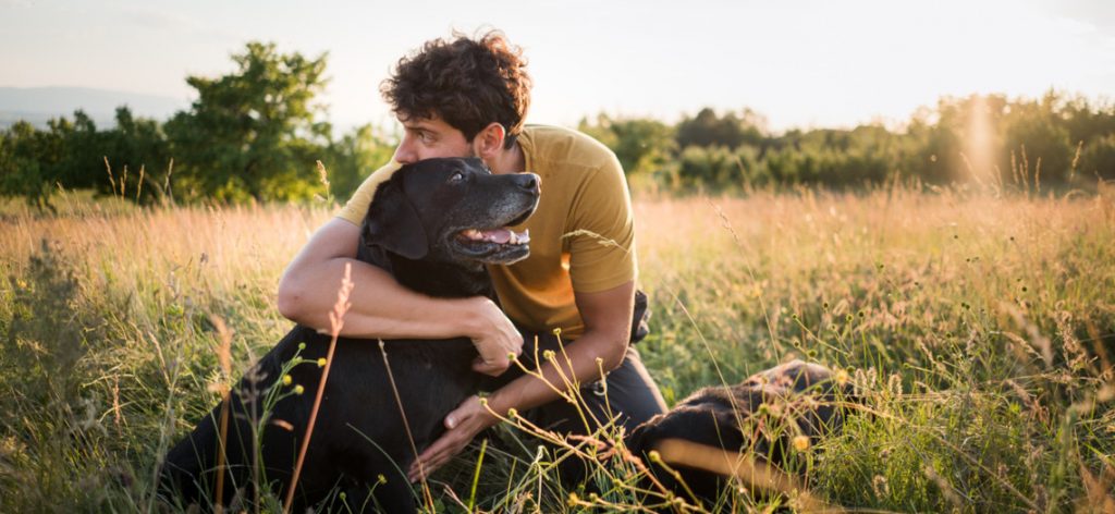 Mann umarmt schwarzen Hund auf einer Wiese.