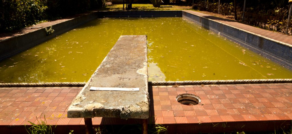 Verdreckter Pool mit altem Sprungbrett